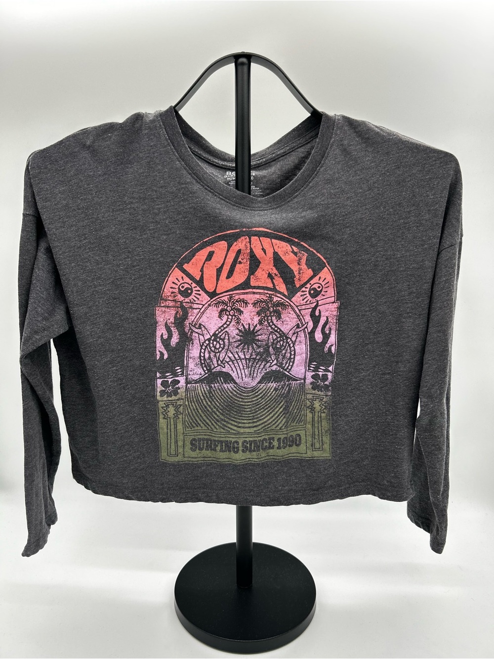 Roxy Charcoal Cropped Long-Sleeve Top with Pink and Green Graphic Size M (8/10)